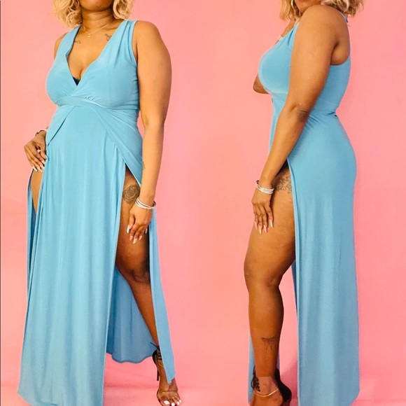 NEW TRENDY TEAL V NECK TANK TOP DOUBLE HIGH SLIT MAXI DRESS - Picture 3 of 8
